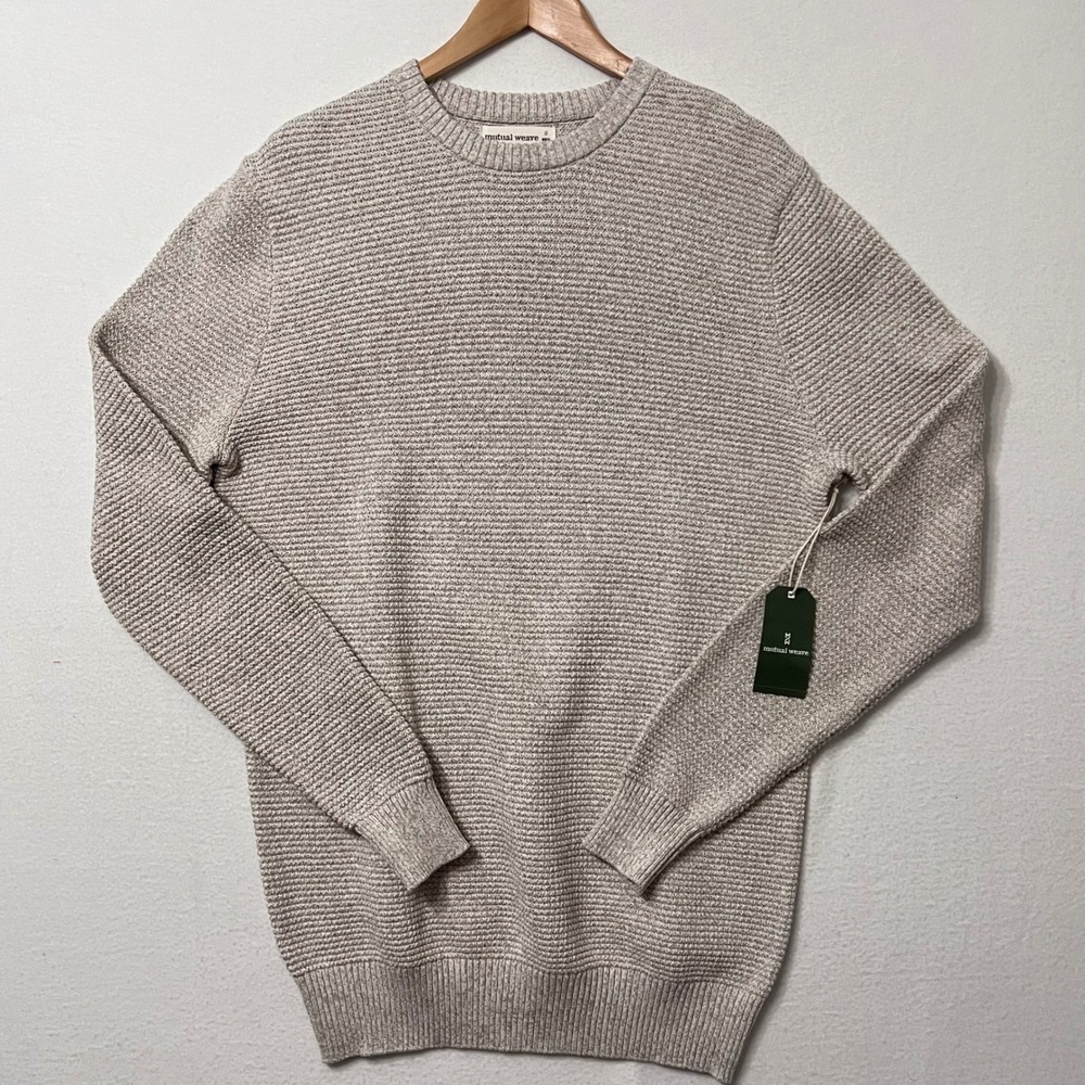 Men's Mutual Weave Crew Neck Long Sleeve Sweater LT Beige Neutral Cotton Casual